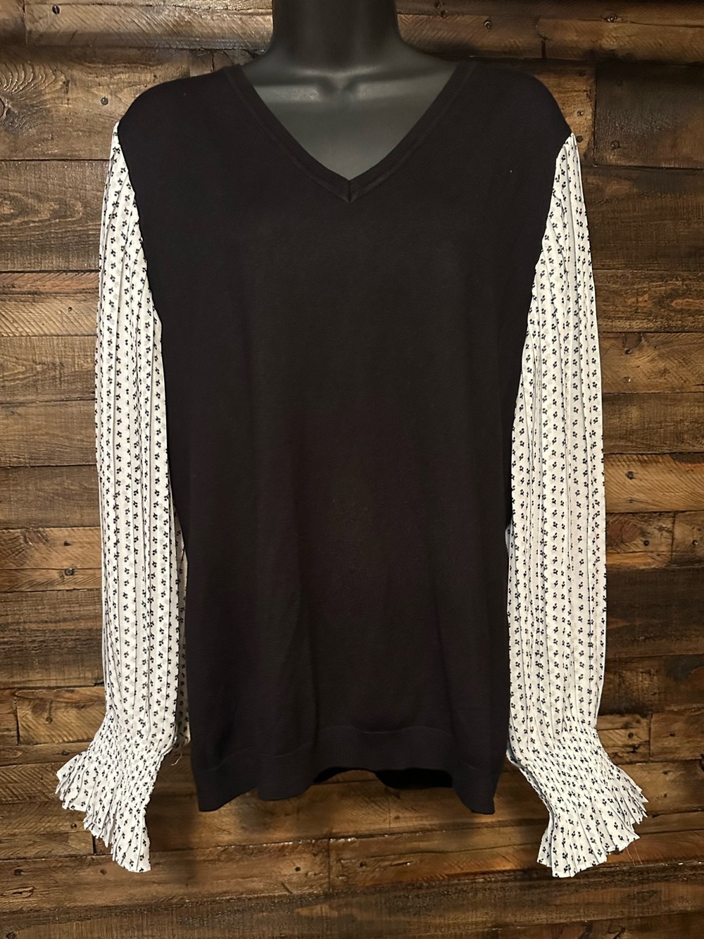 Adrianna Papell Pleated Print Sleeve "Twofer" Sweater Top